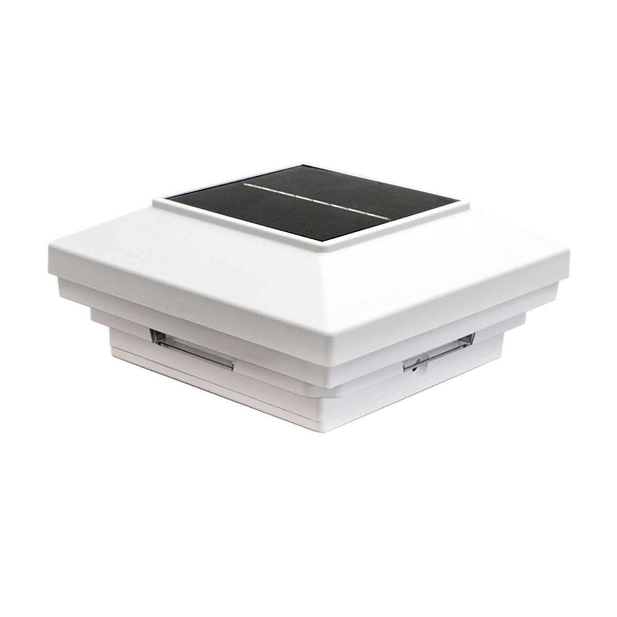 White solar post cap with black solar panel on a white background