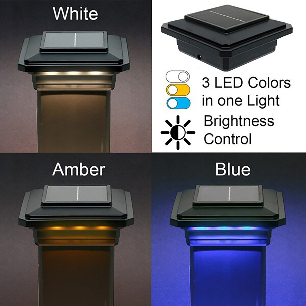 Solar-powered LED lights in white, amber, and blue with color options and brightness control features.