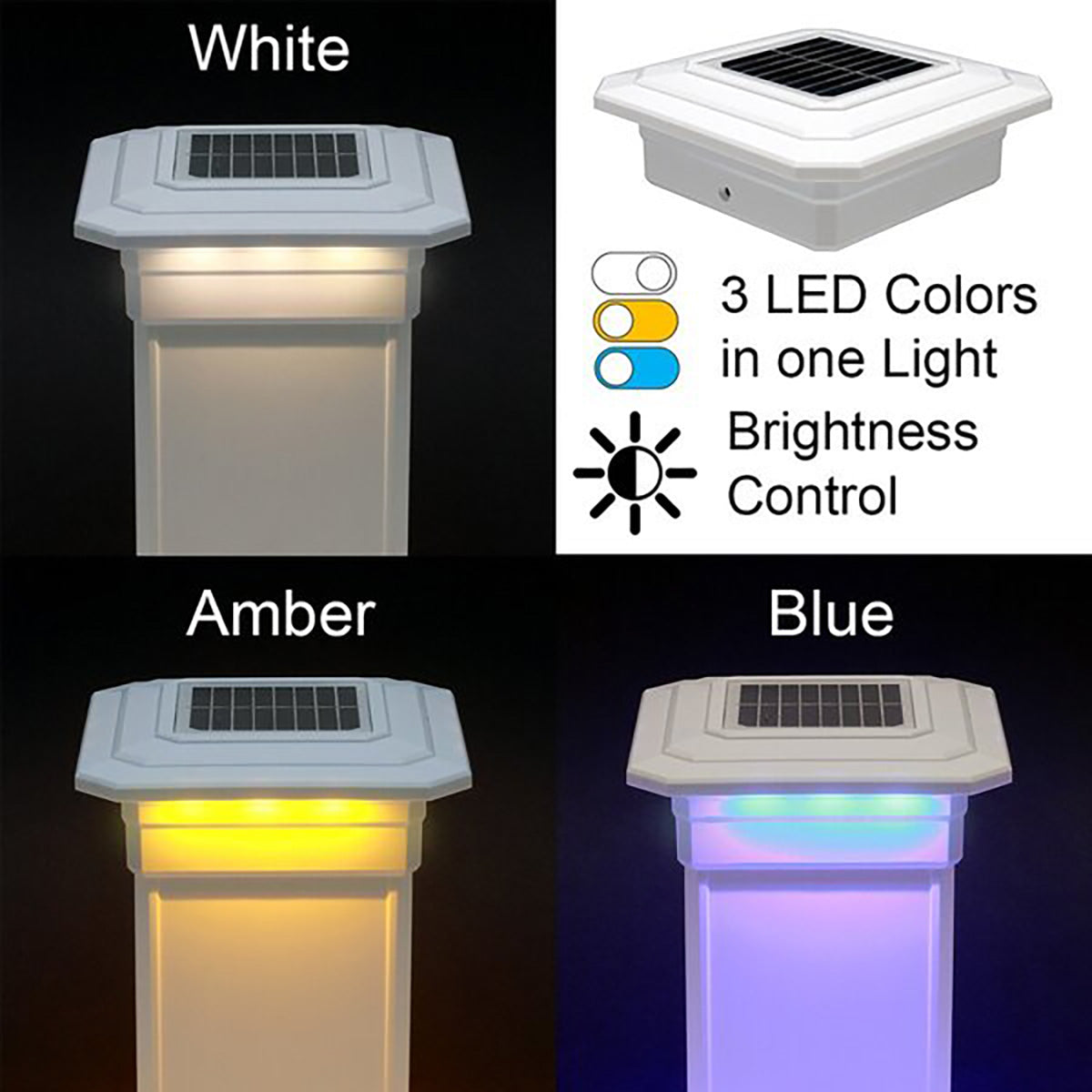 Solar-powered LED post lights in white, amber, and blue with color-changing capabilities.