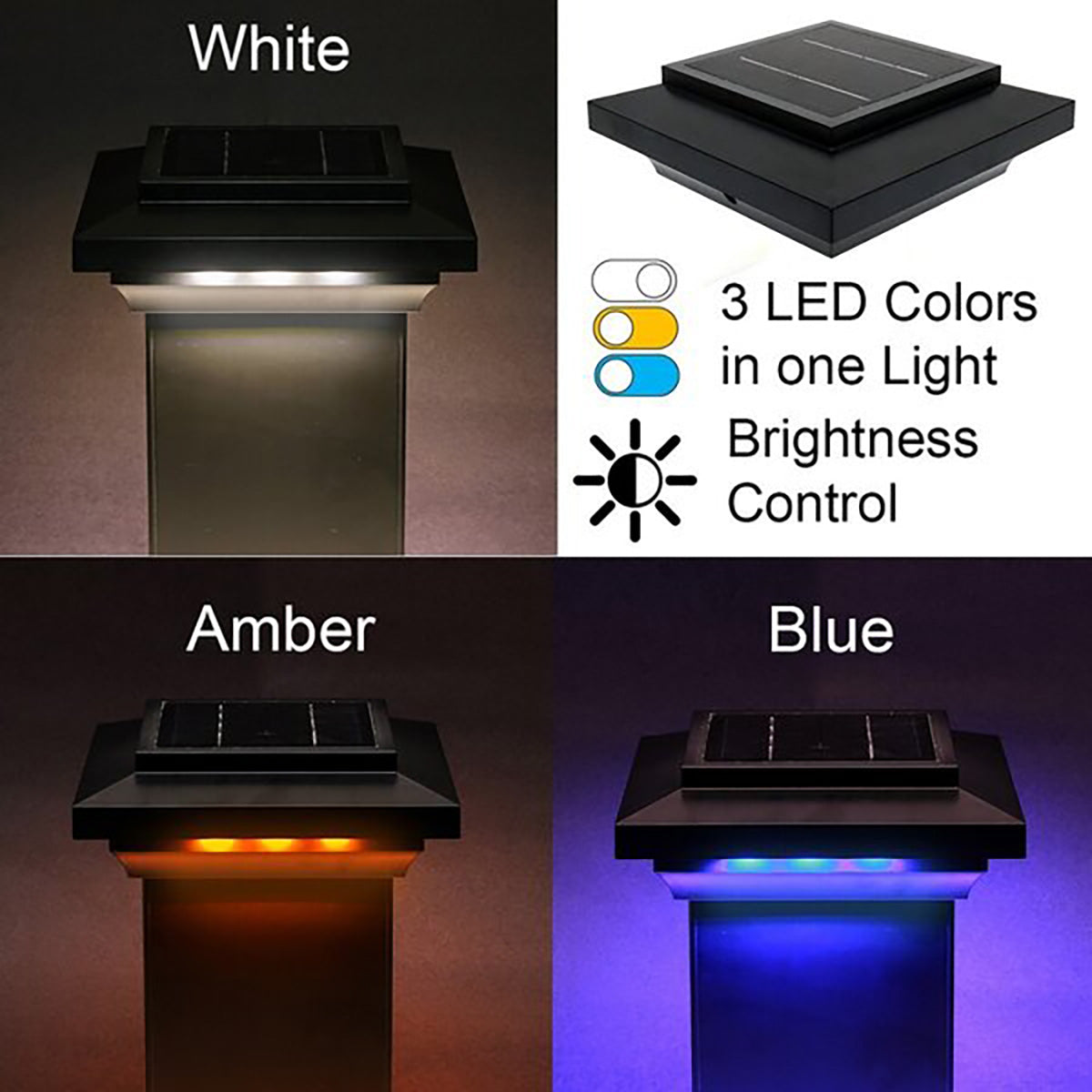 Solar-powered LED lights in white, amber, and blue on a dark background.