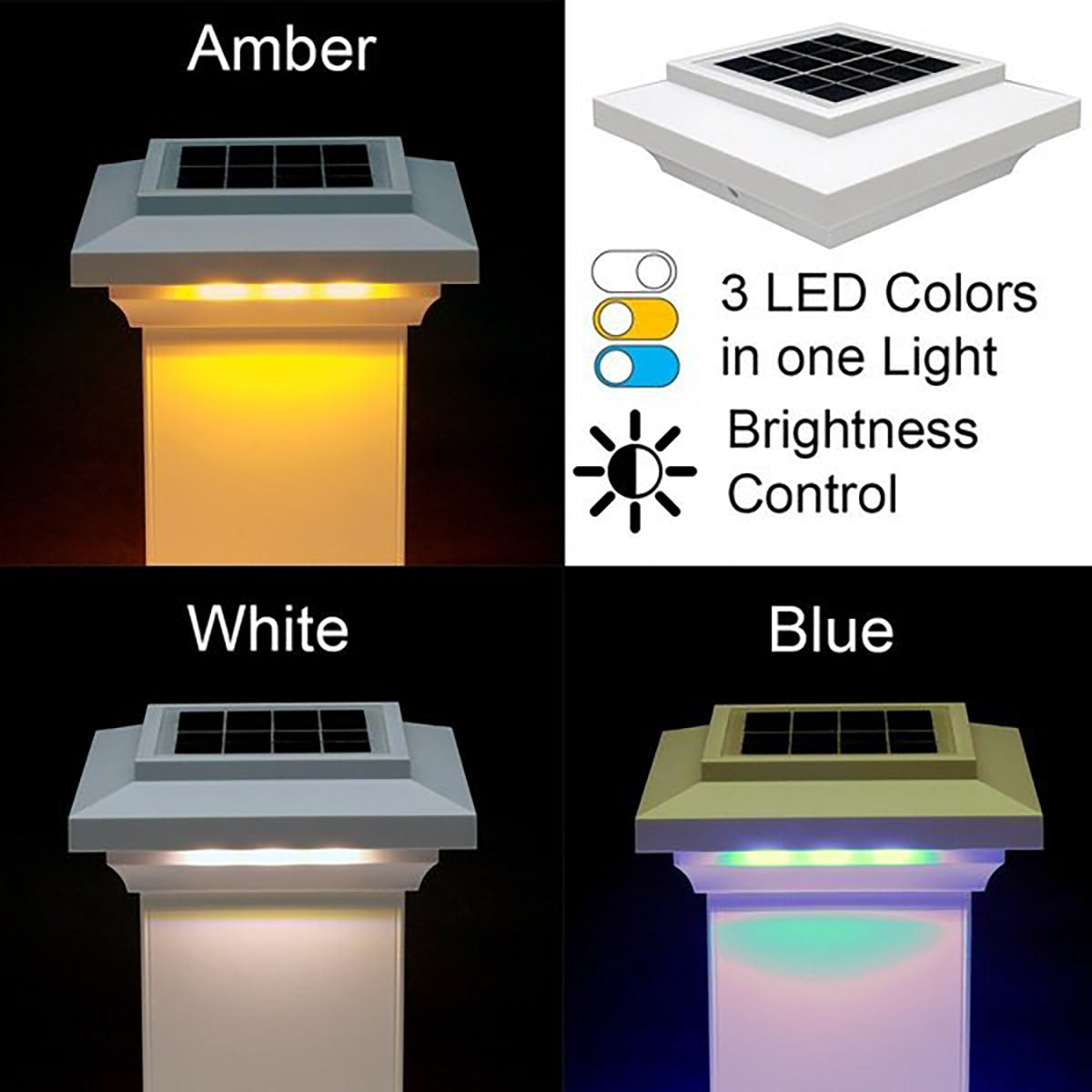 Solar post cap lights in amber, white, and blue with color options and brightness control features.