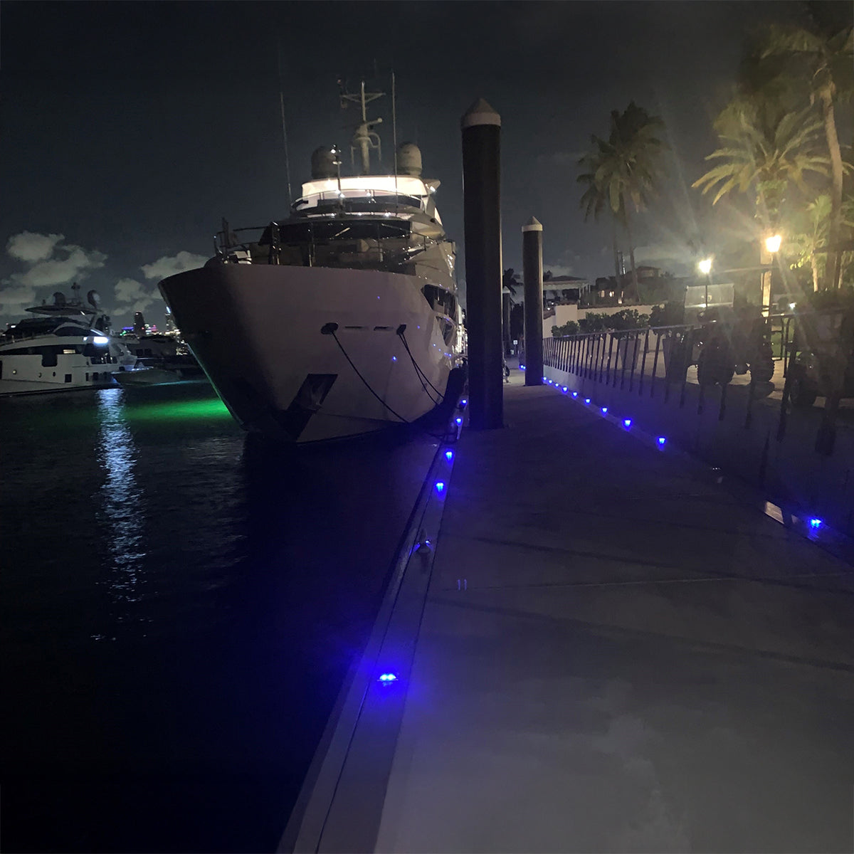 Yacht docked at a marina at night with palm trees in the background