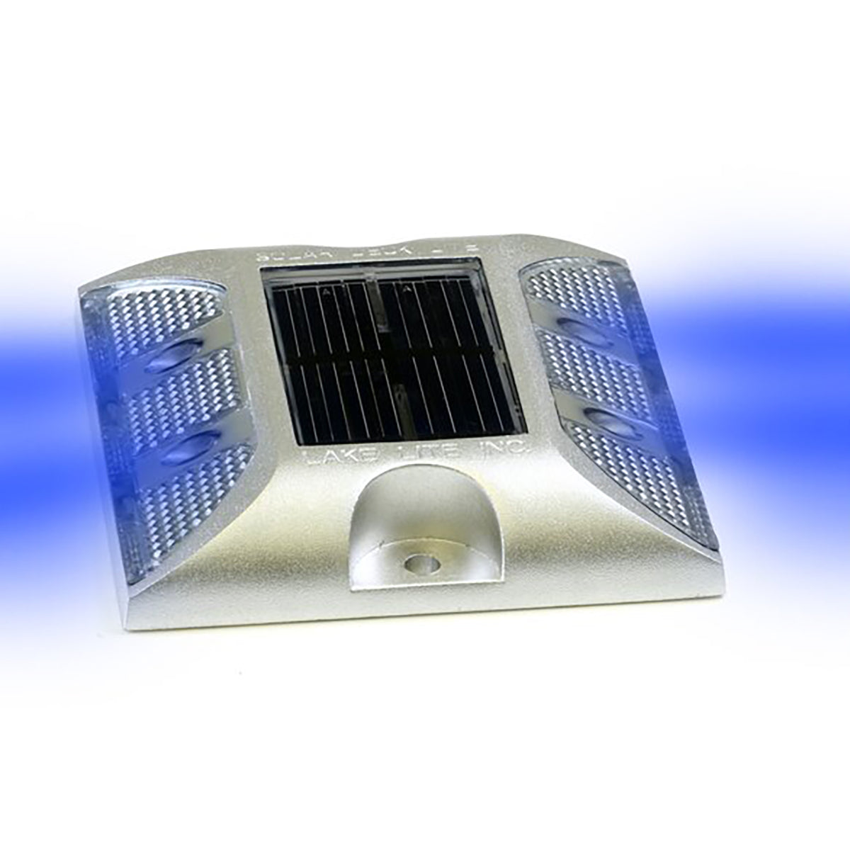 Solar-powered outdoor light fixture with a blue gradient background