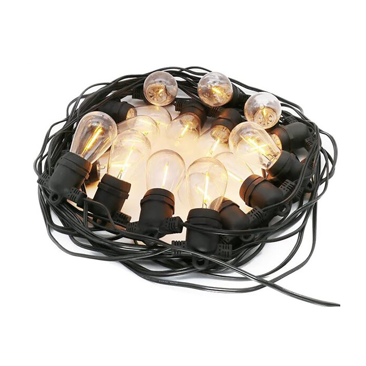 String of light bulbs with black wire on a white background
