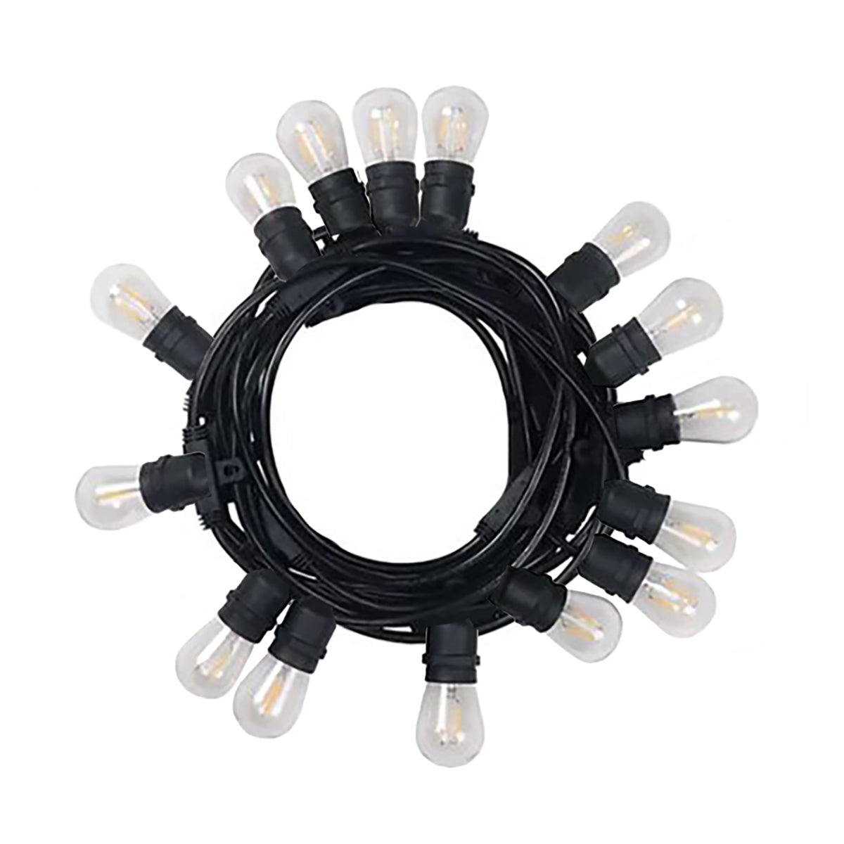 String of light bulbs with black wire on a white background
