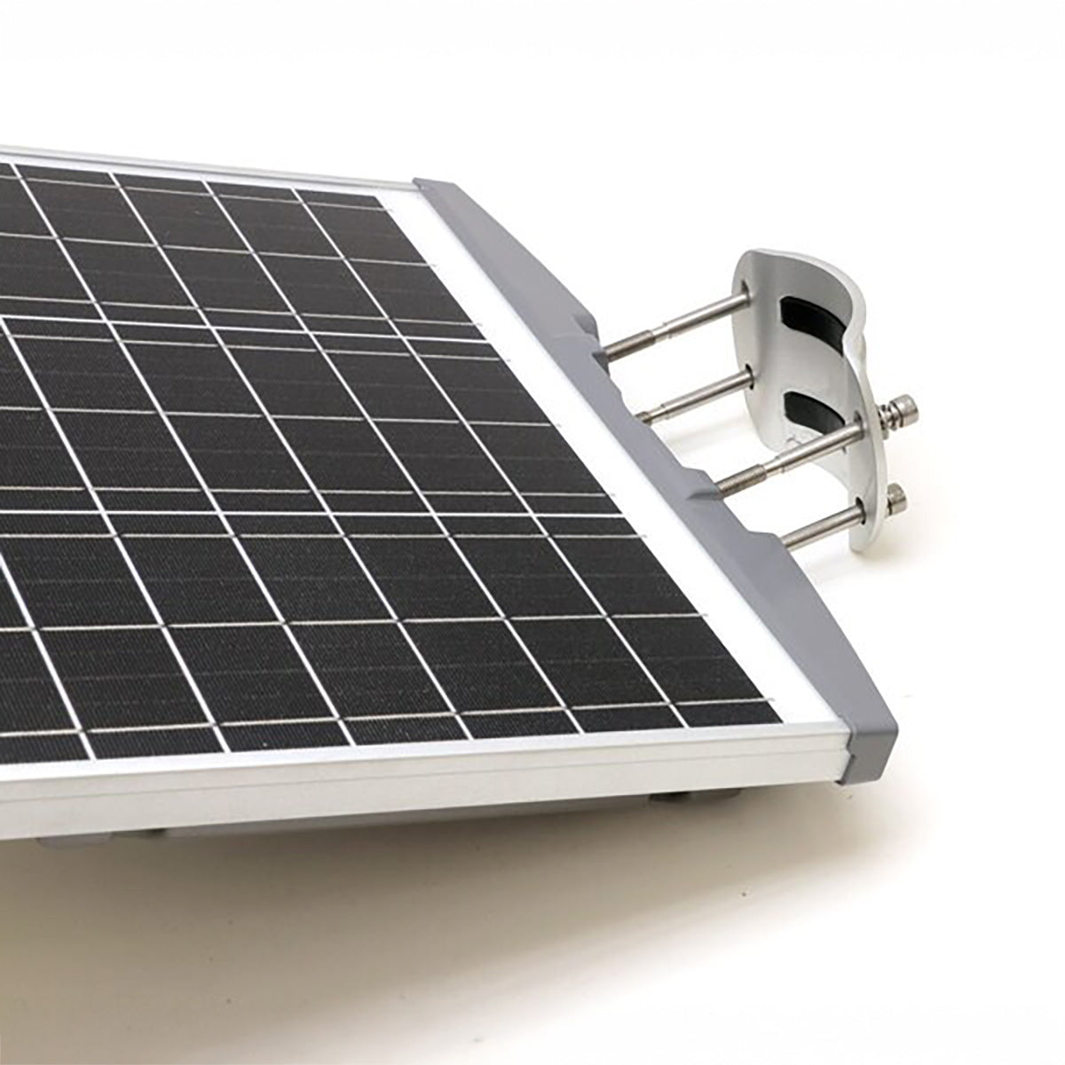 Solar panel with mounting bracket on a white background
