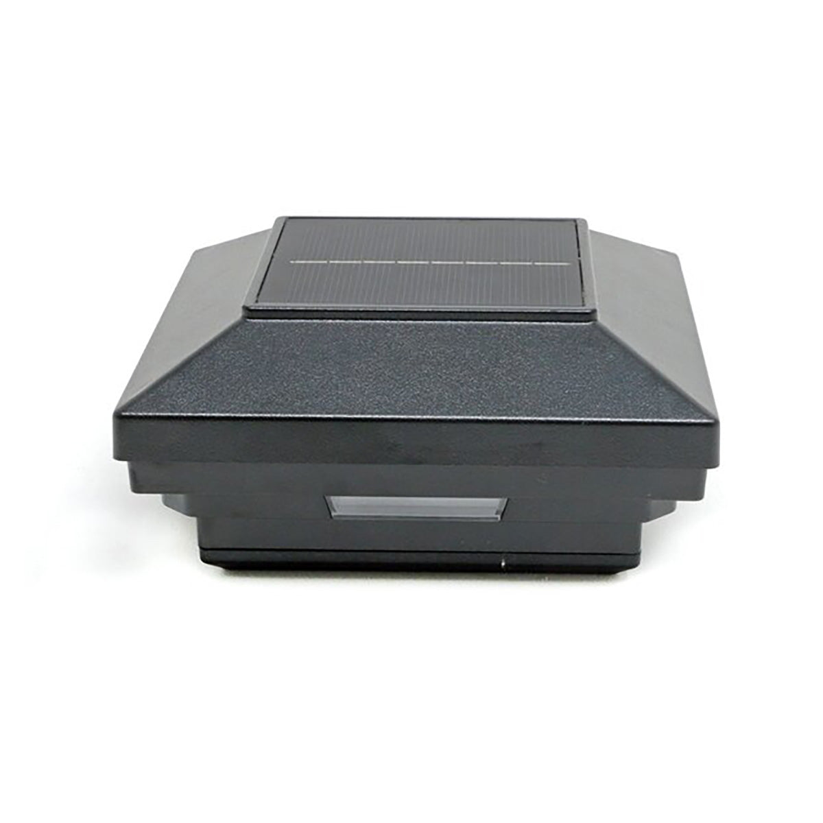 Black solar-powered outdoor light fixture on a white background