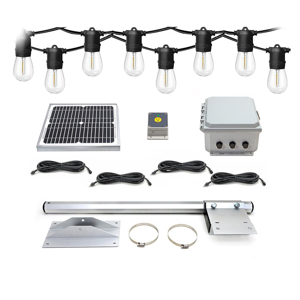Solar-powered outdoor lighting system with components on a white background