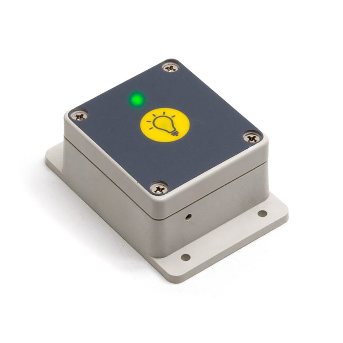 Rectangular electronic device with a yellow light bulb icon and green indicator light on a white background