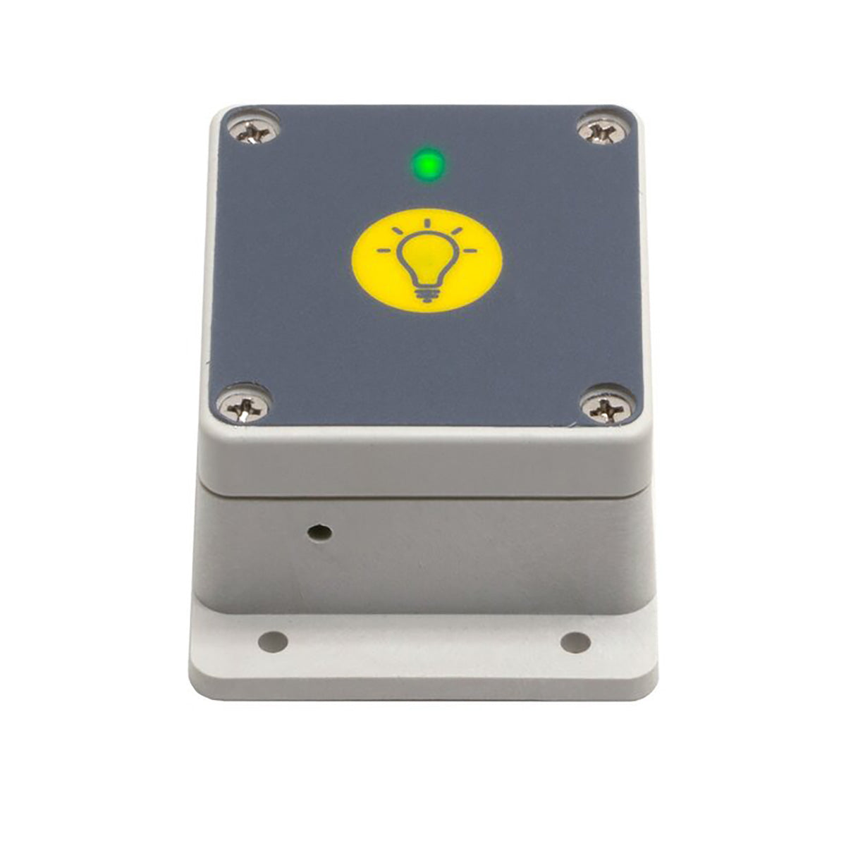 Rectangular electronic device with a green light and yellow light bulb icon on a white background