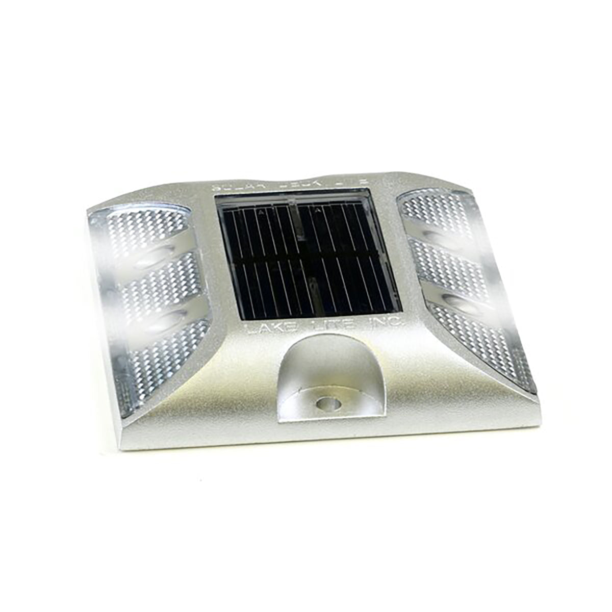 Solar-powered outdoor light fixture with three LED lights on a white background
