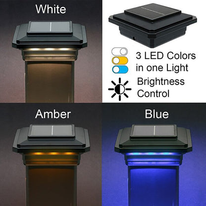 Solar-powered LED lights in white, amber, and blue with color options and brightness control features.