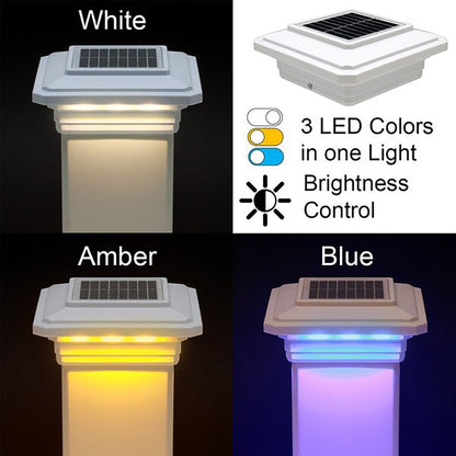 Solar-powered LED lights in white, amber, and blue with color-changing capabilities.