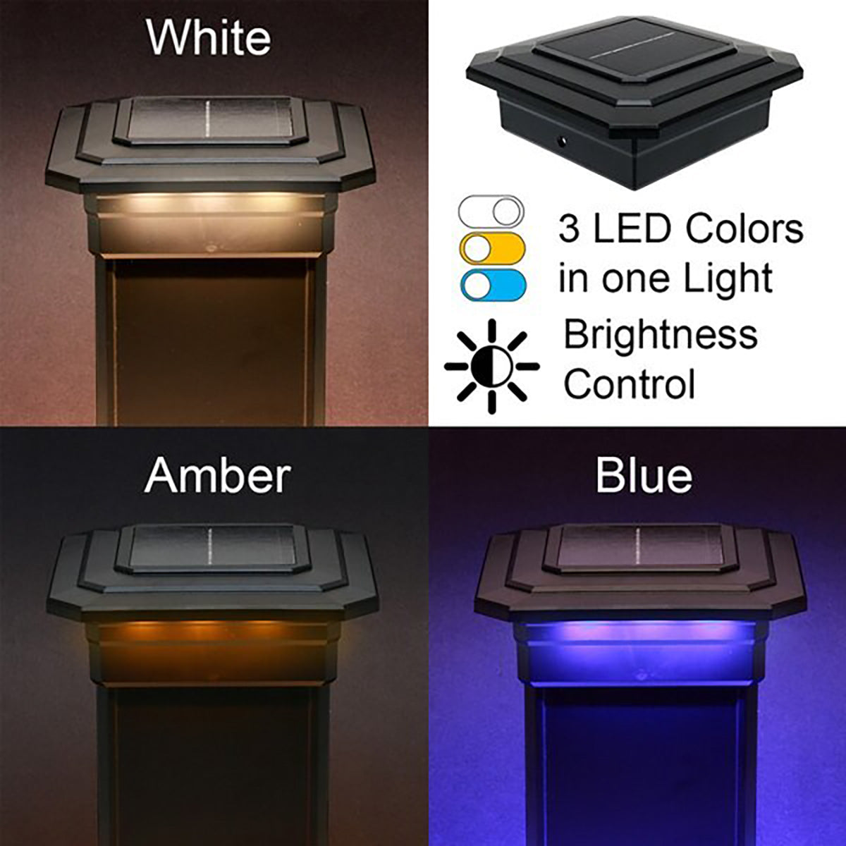 Solar-powered LED light with color options (White, Amber, Blue) on a dark background.