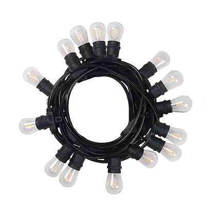 String of light bulbs with black wire on a white background
