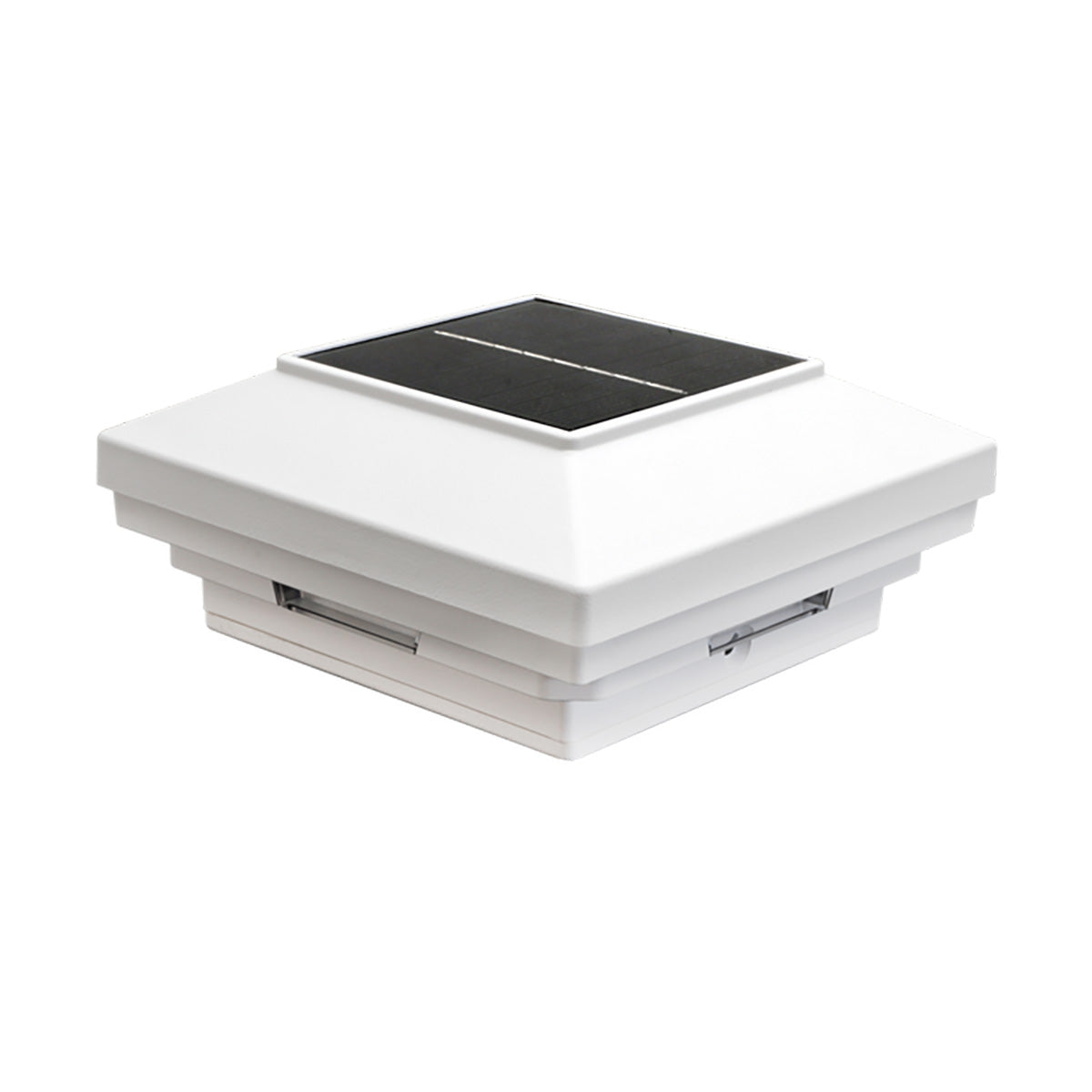 White solar post cap with black solar panel on a white background