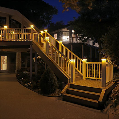 Staircase with lights on a deck at night