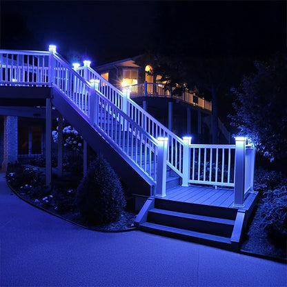 Staircase with blue LED lights on a deck at night