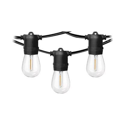 String of outdoor lights with clear bulbs and black connectors on a white background