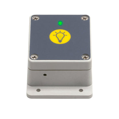 Rectangular electronic device with a green light and yellow light bulb icon on a white background